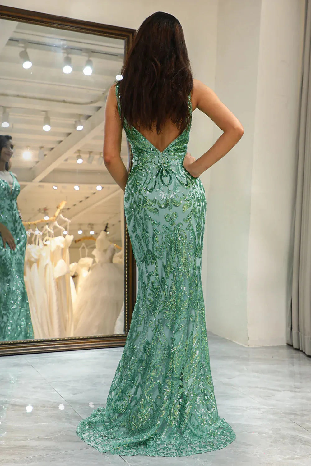 Wholesale Glitter Green Mermaid V-Neck Backless Long Prom Dress With Sequin prom dresses with long sleeves